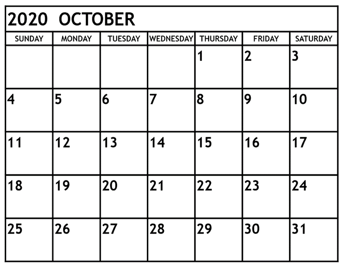 2020 Calendar October