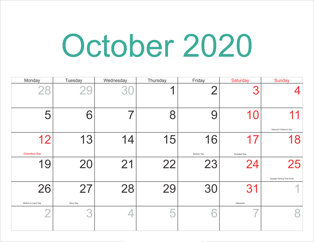 October Calendar Template