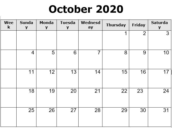 Free October 2020 Printable Calendar Blank PDF - Free Printable Blank Holidays Calendar Wishes ...