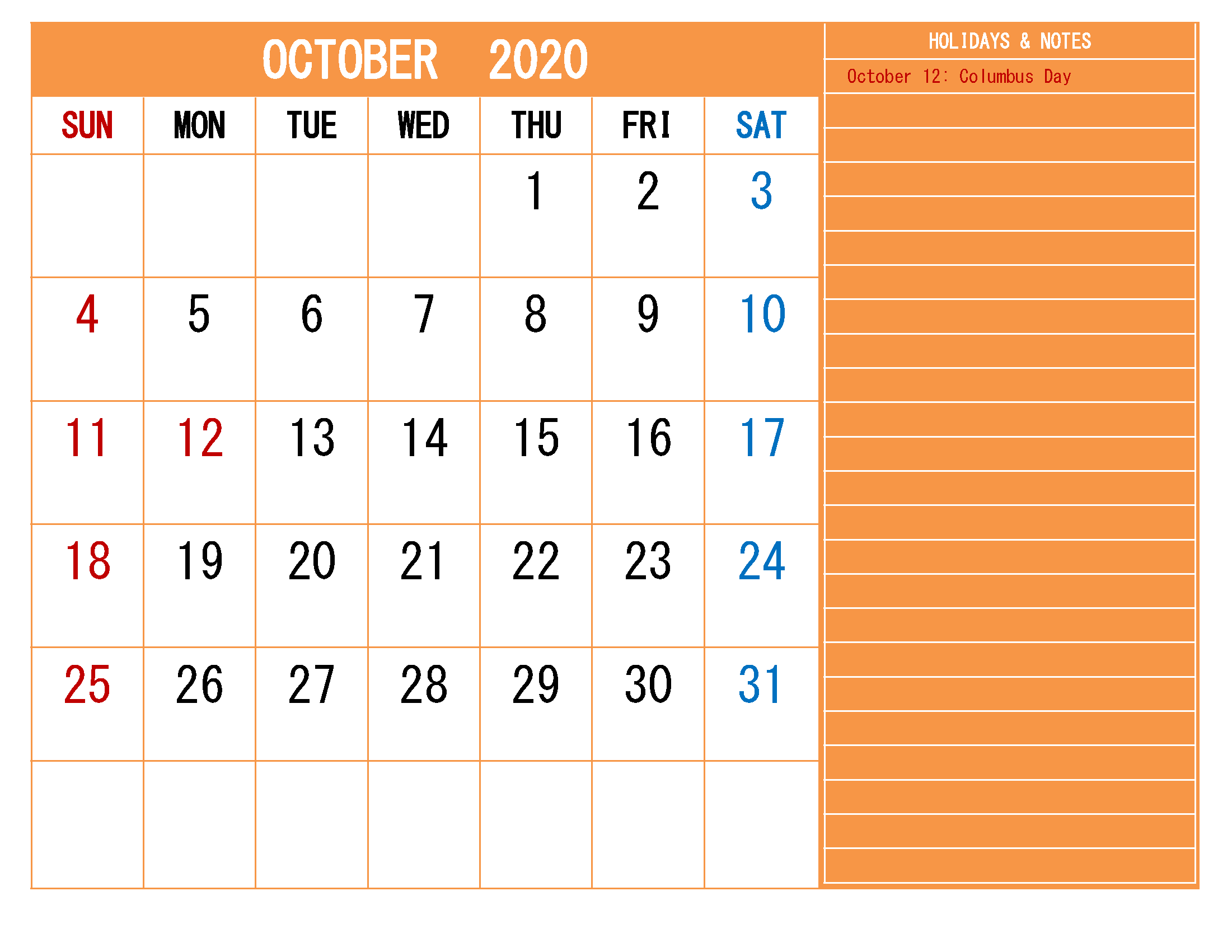 October 2020 Calendar