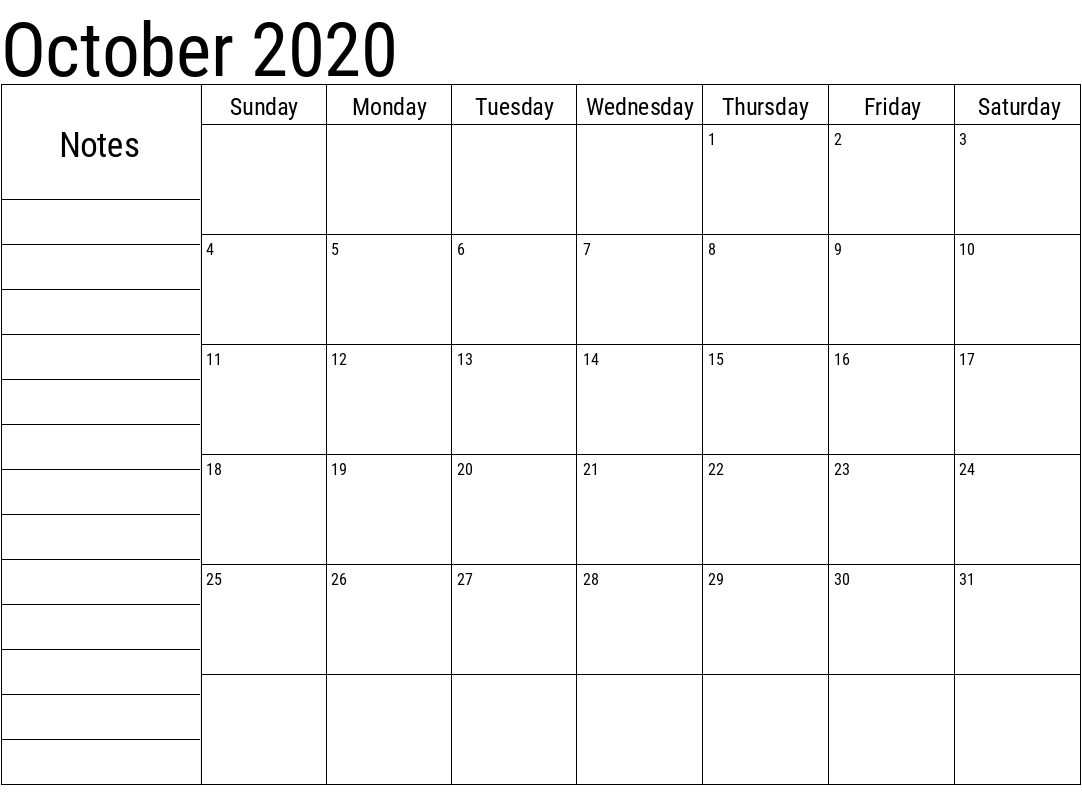 October 2020 Printable Calendar