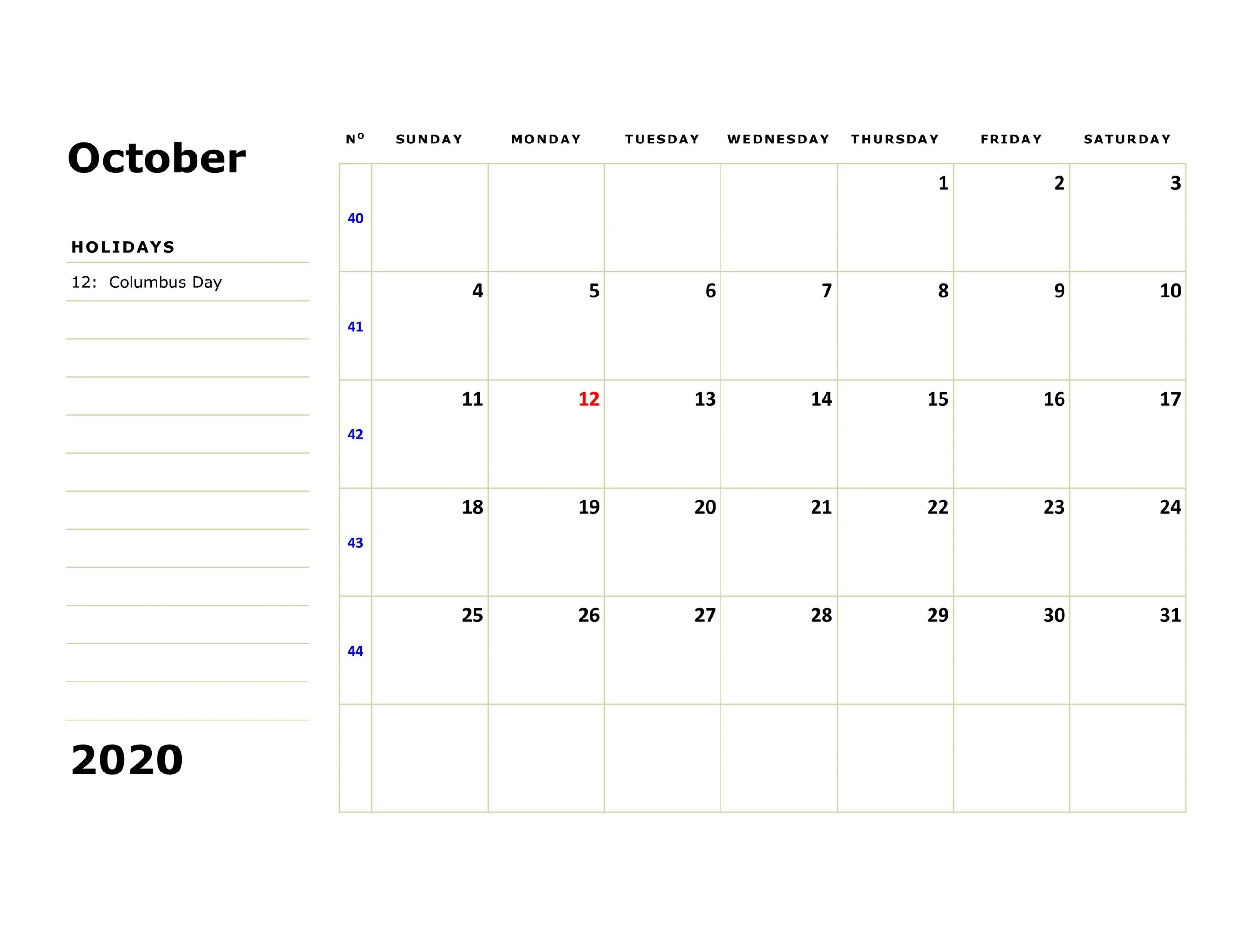 October 2020 Calendar