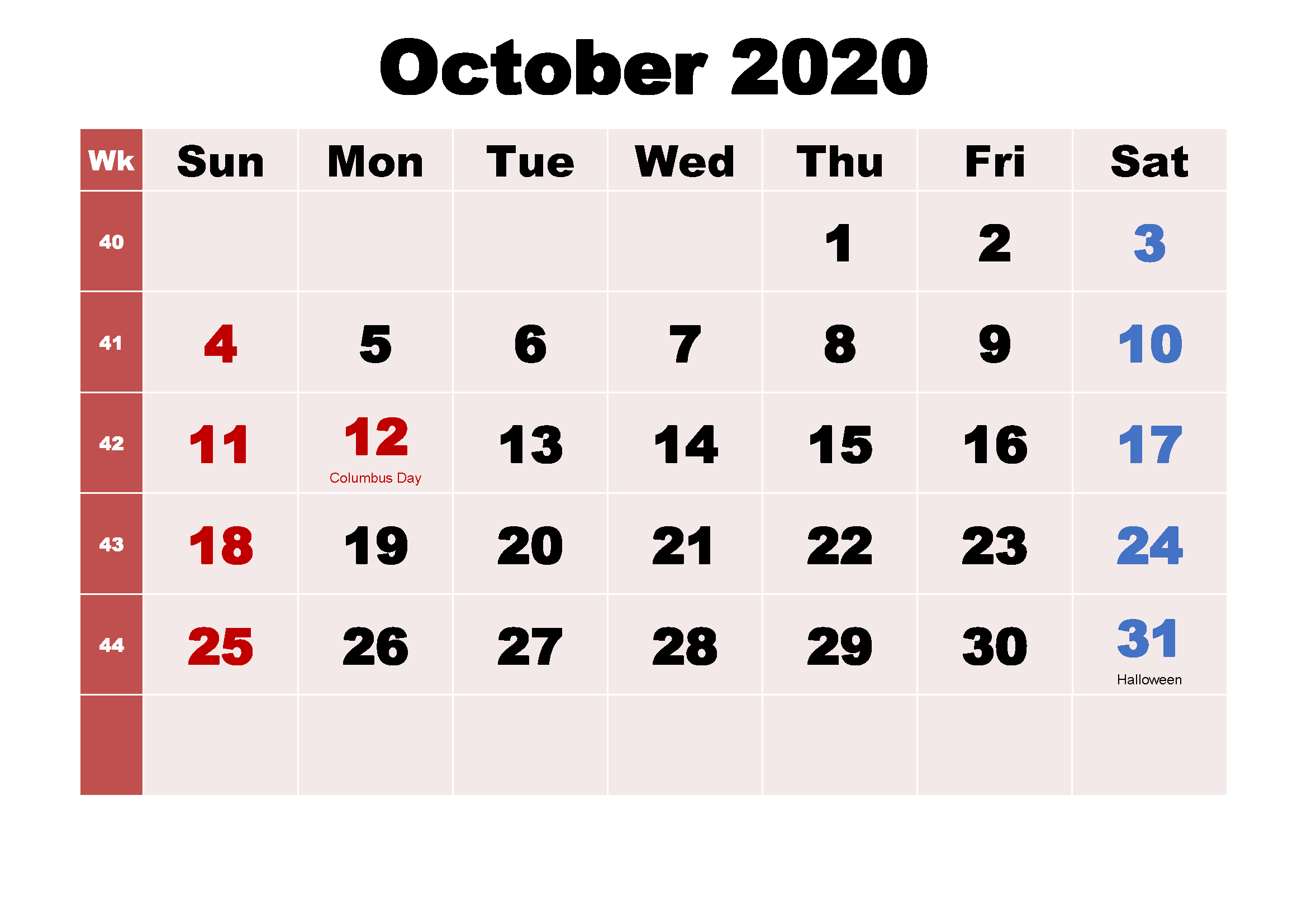 October 2020 Blank Calendar