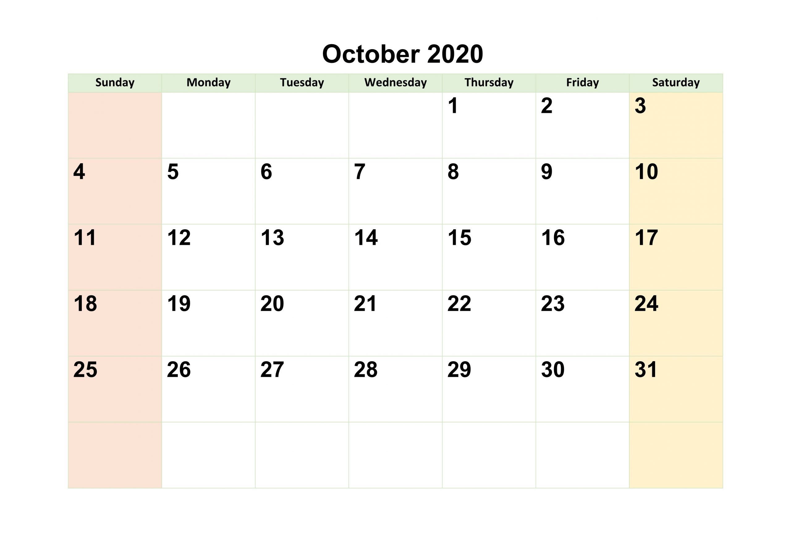 October 2020 Calendar Template