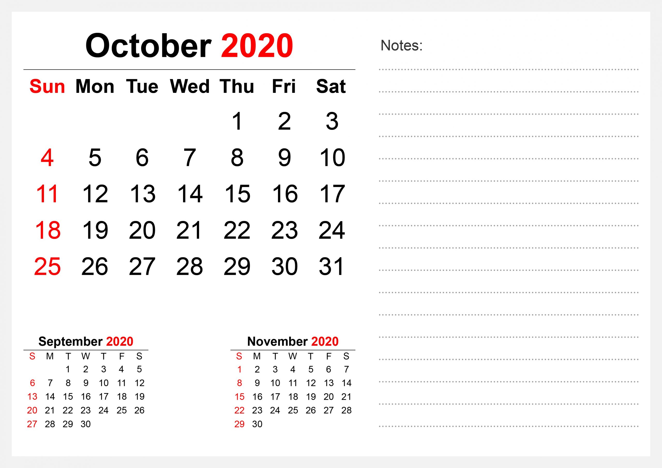 October Calendar 2020