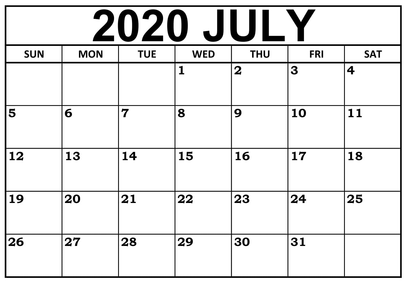 Printable Calendar July 2020 PDF
