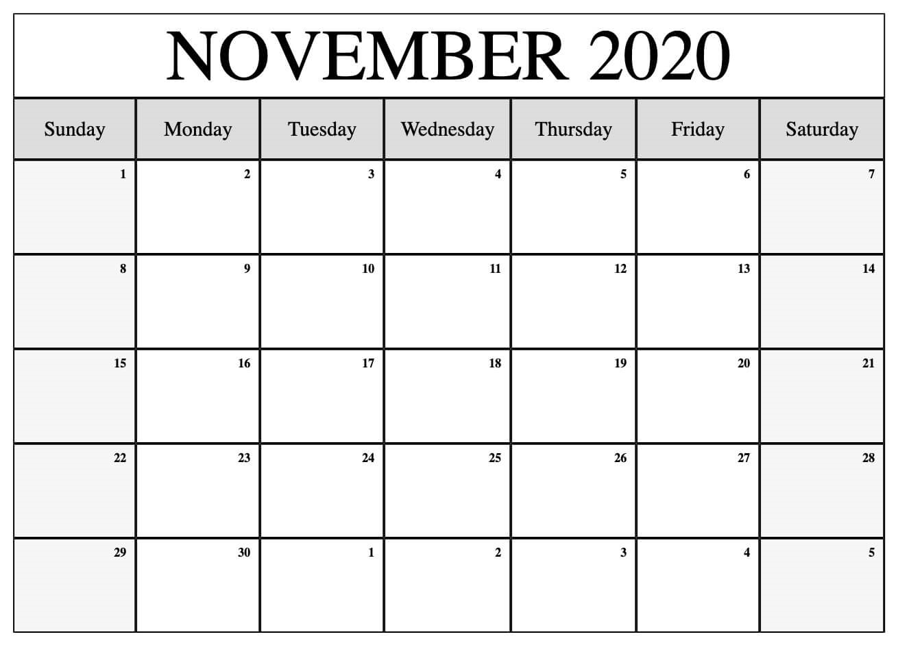 Calendar for November 2020