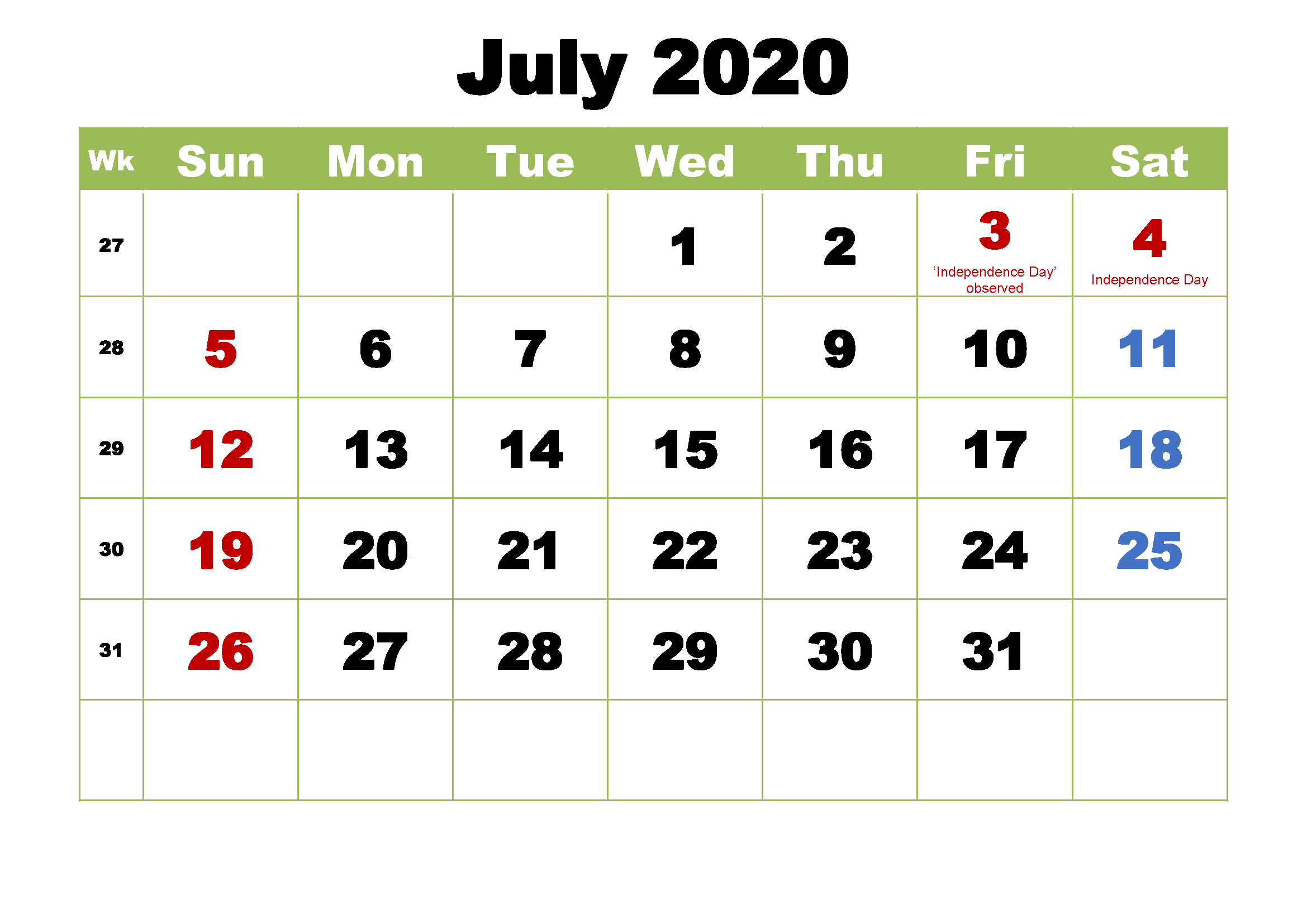 Printable Calendar 2020