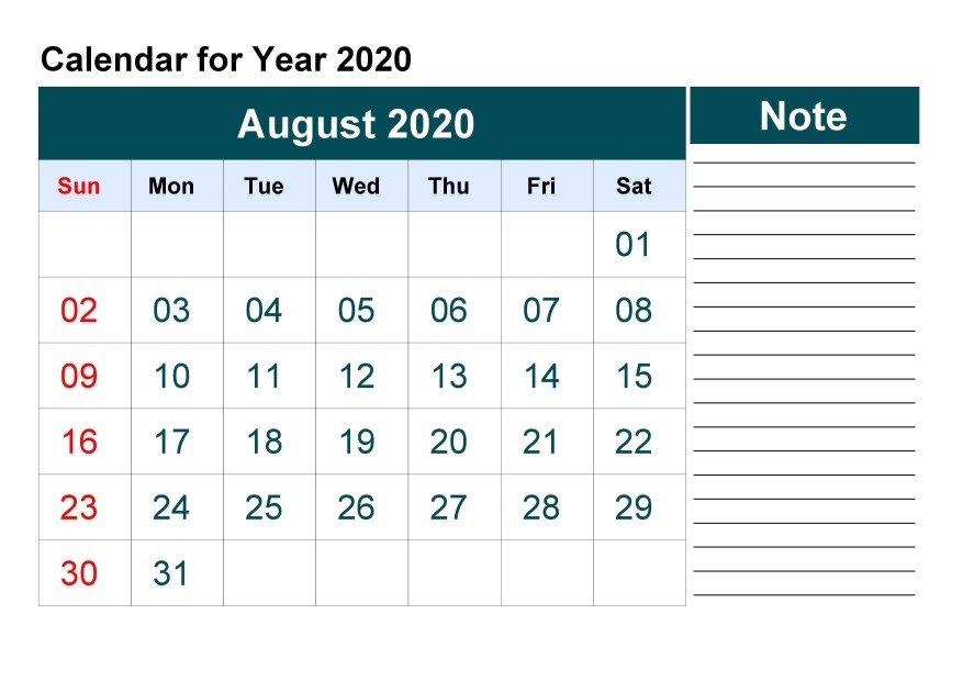 Printable Monthly August 2020 Calendar