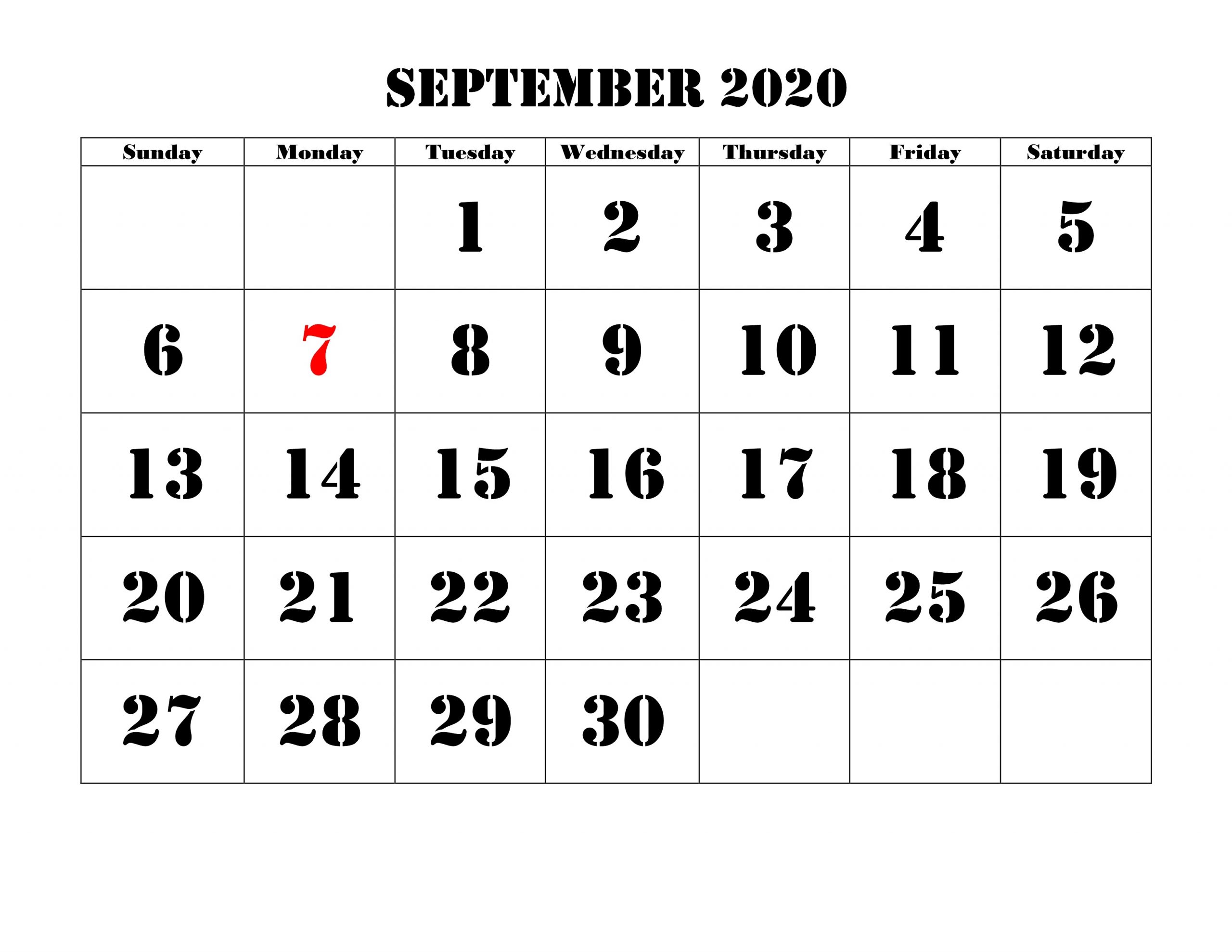 Calendar for September