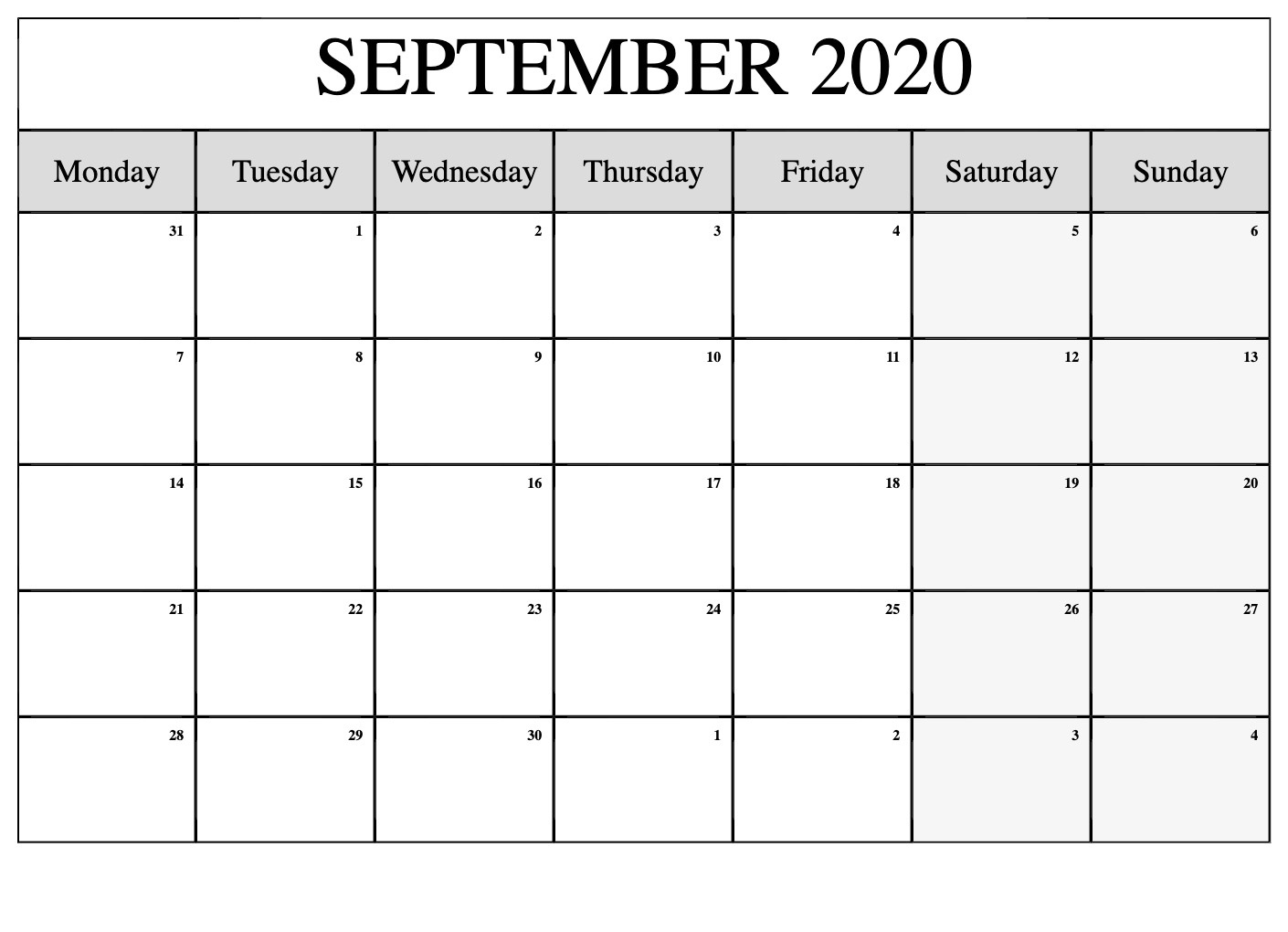 September 2020 Blank Calendar