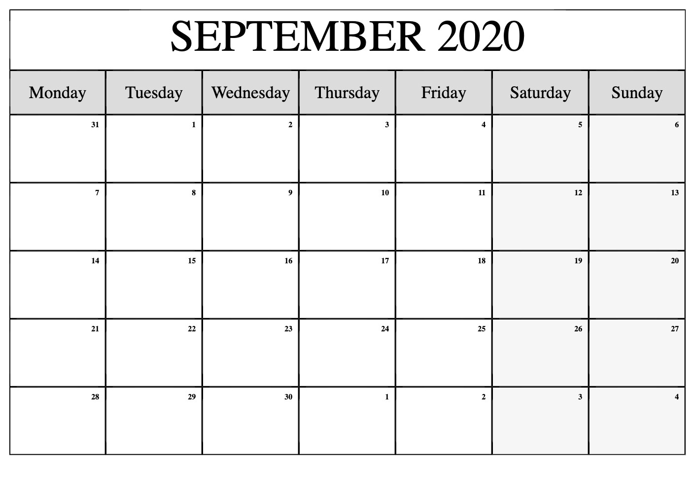 September 2020 Blank Calendar