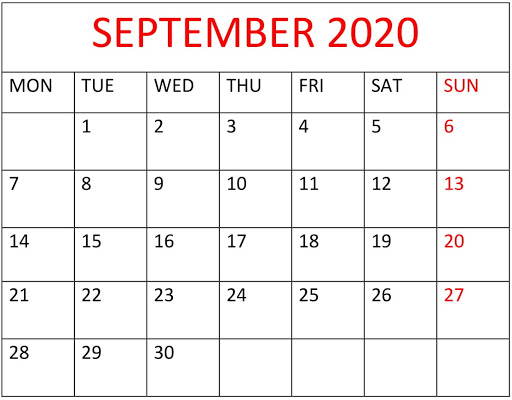 September 2020 Calendar Printable Landscape