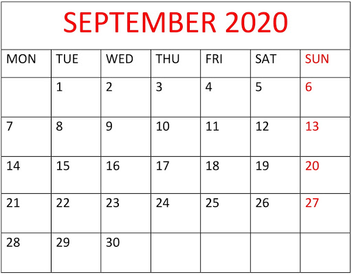 September 2020 Calendar Printable Landscape