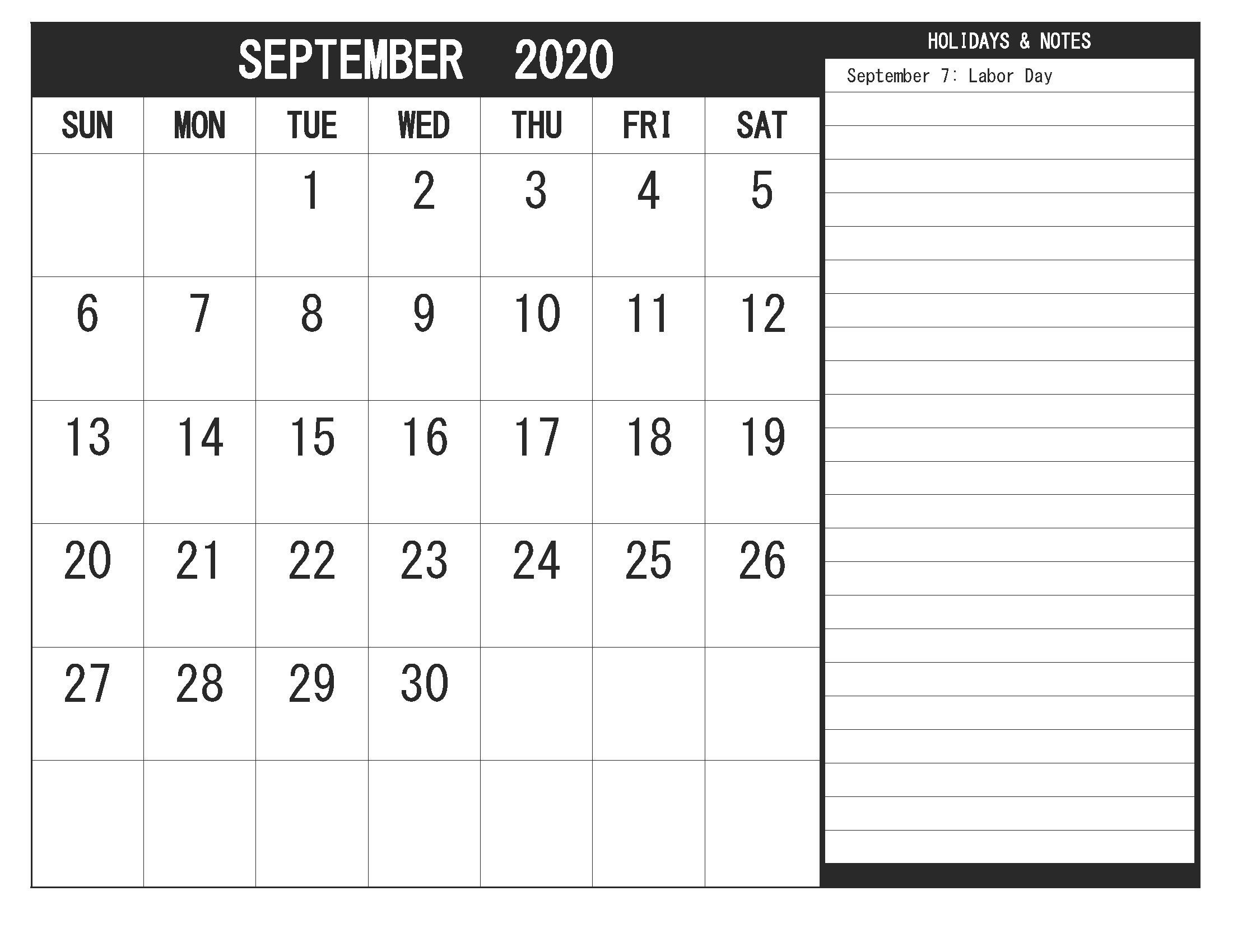 Printable Blank September 2020 Calendar PDF Template - Free Printable Blank Holidays Calendar ...