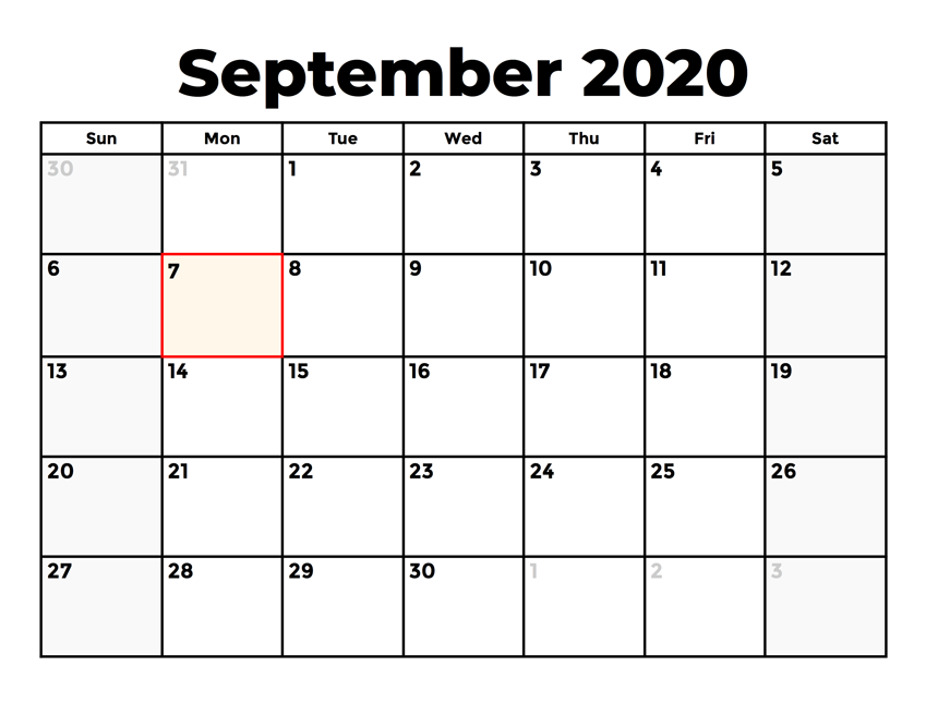 September 2020 Monthly Calendar