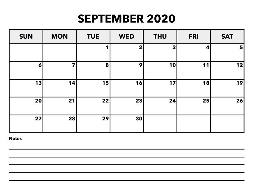 September 2020 Printable Calendar Waterproof