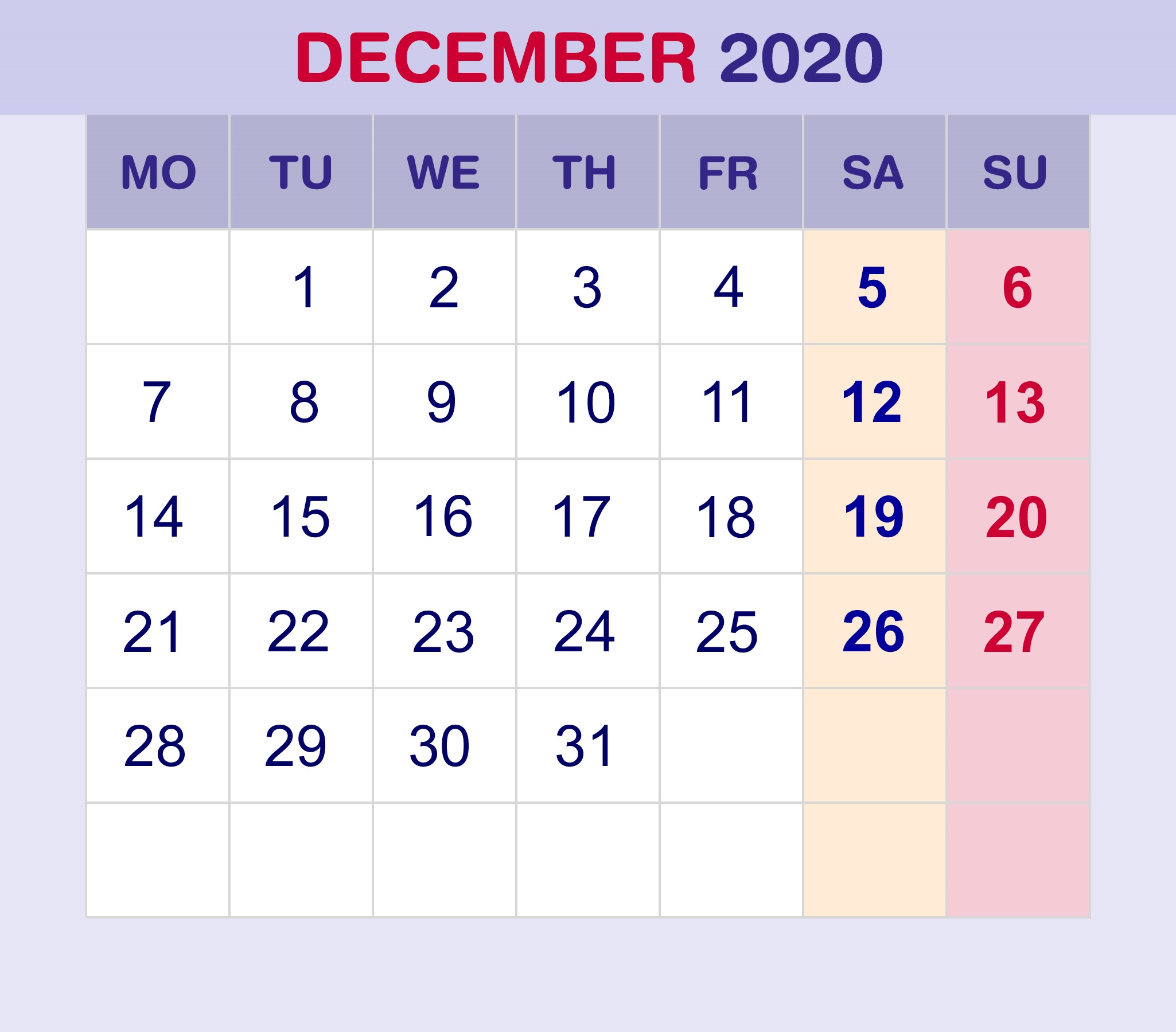 Calendar for December 2020