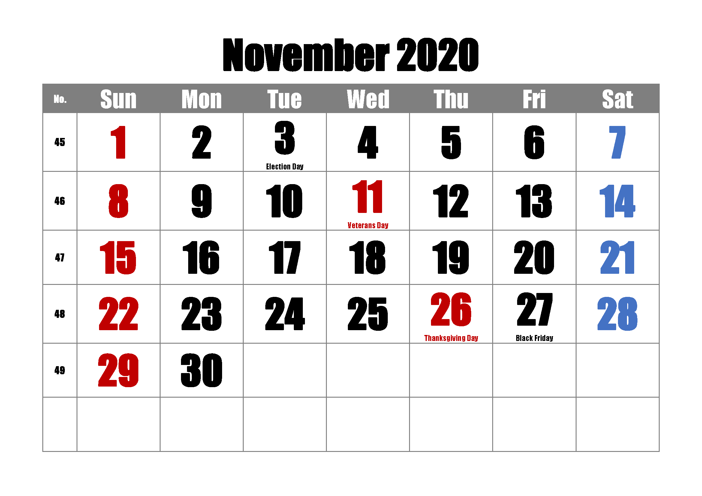 Calendar for November 2020