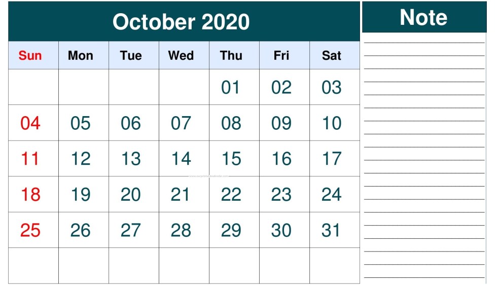 Calendar for October