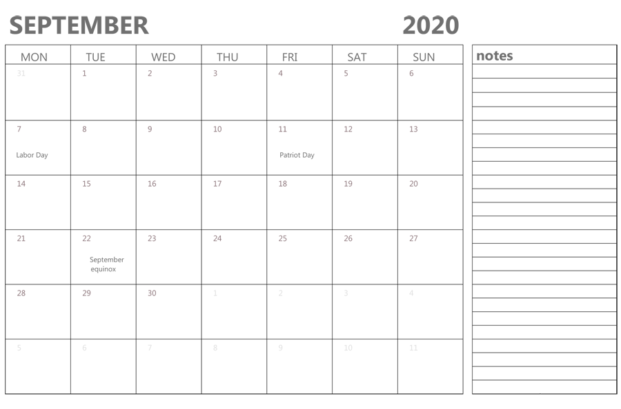 Calendar for September