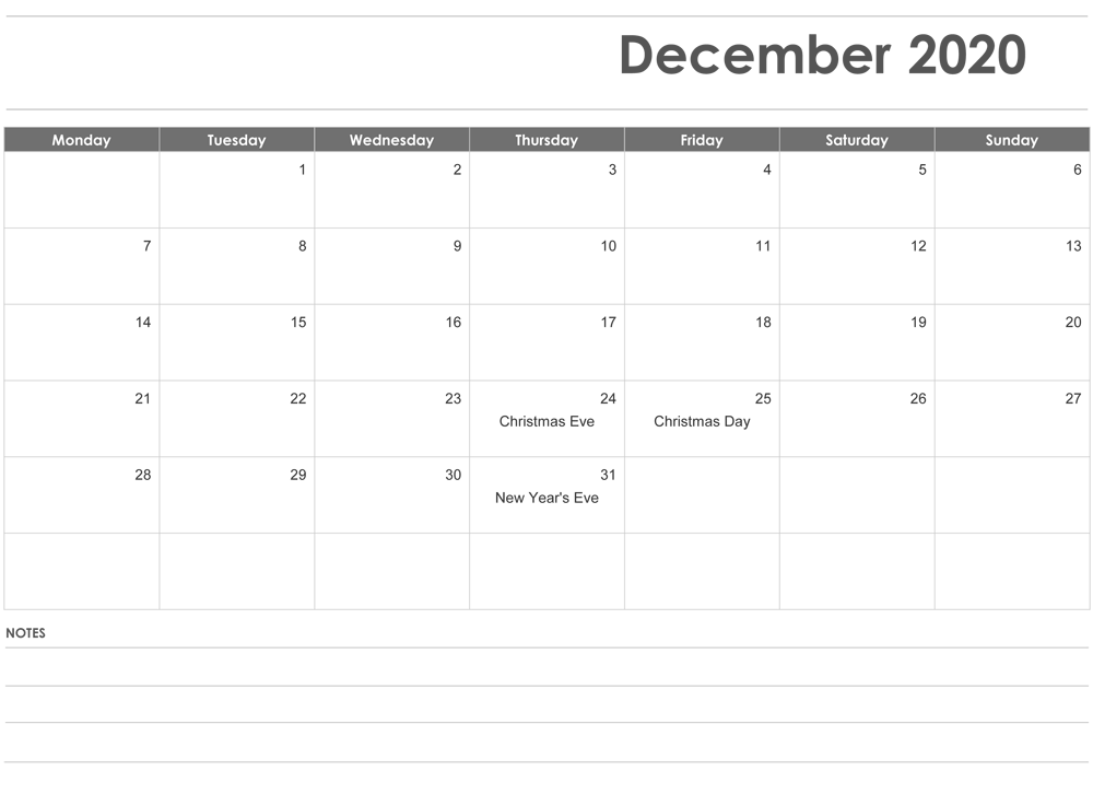 Calendar for December 2020
