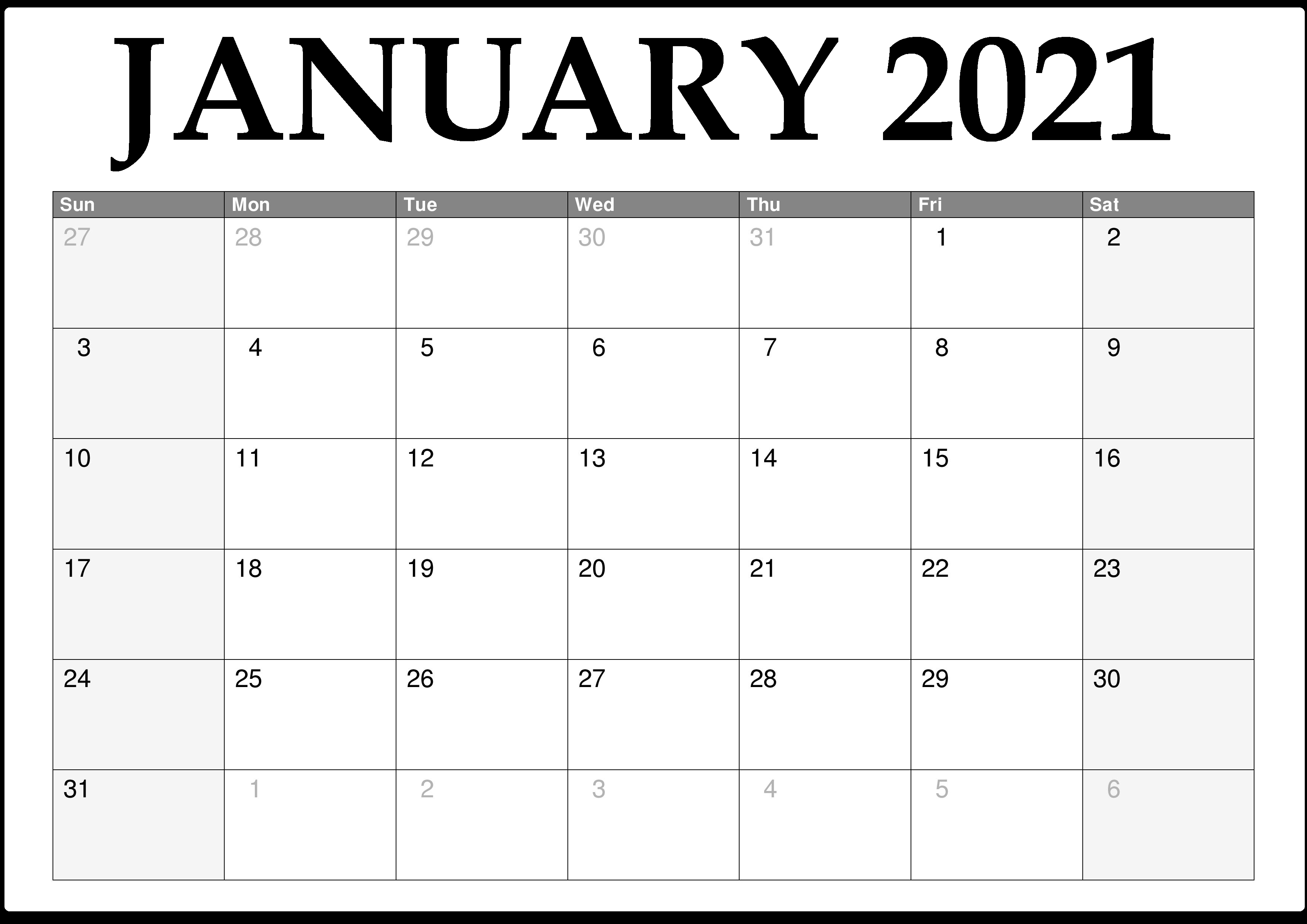 Blank January 2021 Calendar