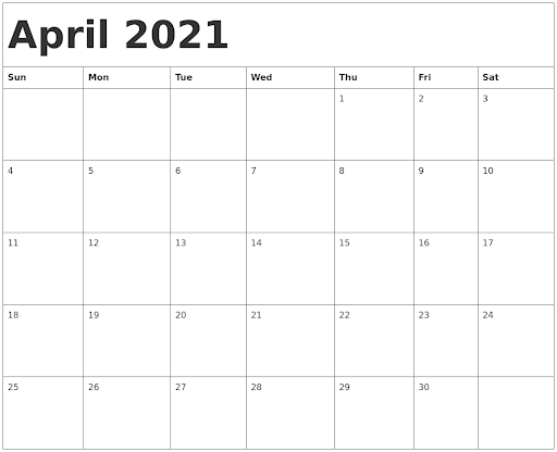 Clean April 2021 Calendar