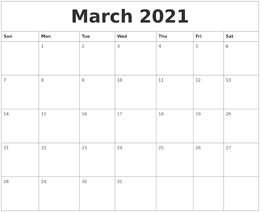 Cute March Calendar 2021 with Beautiful Flowers