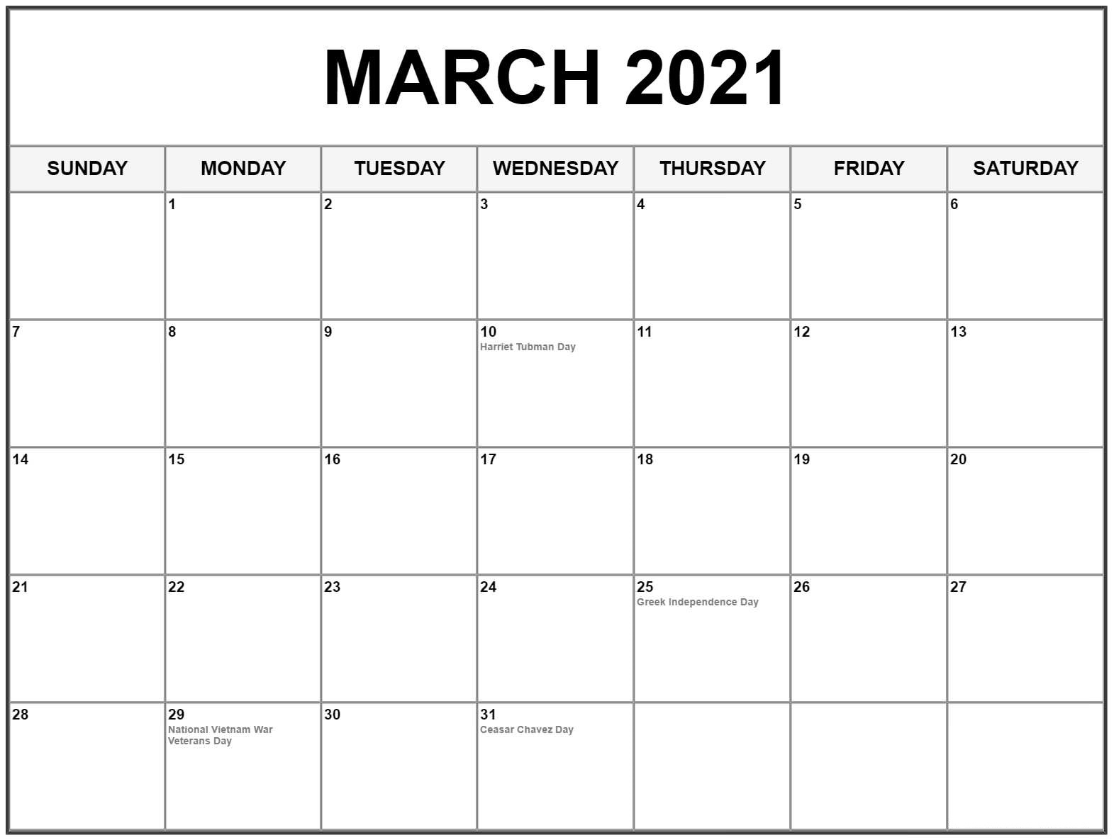 March 2021 Calendar Cute PDF Template - Free Printable ...