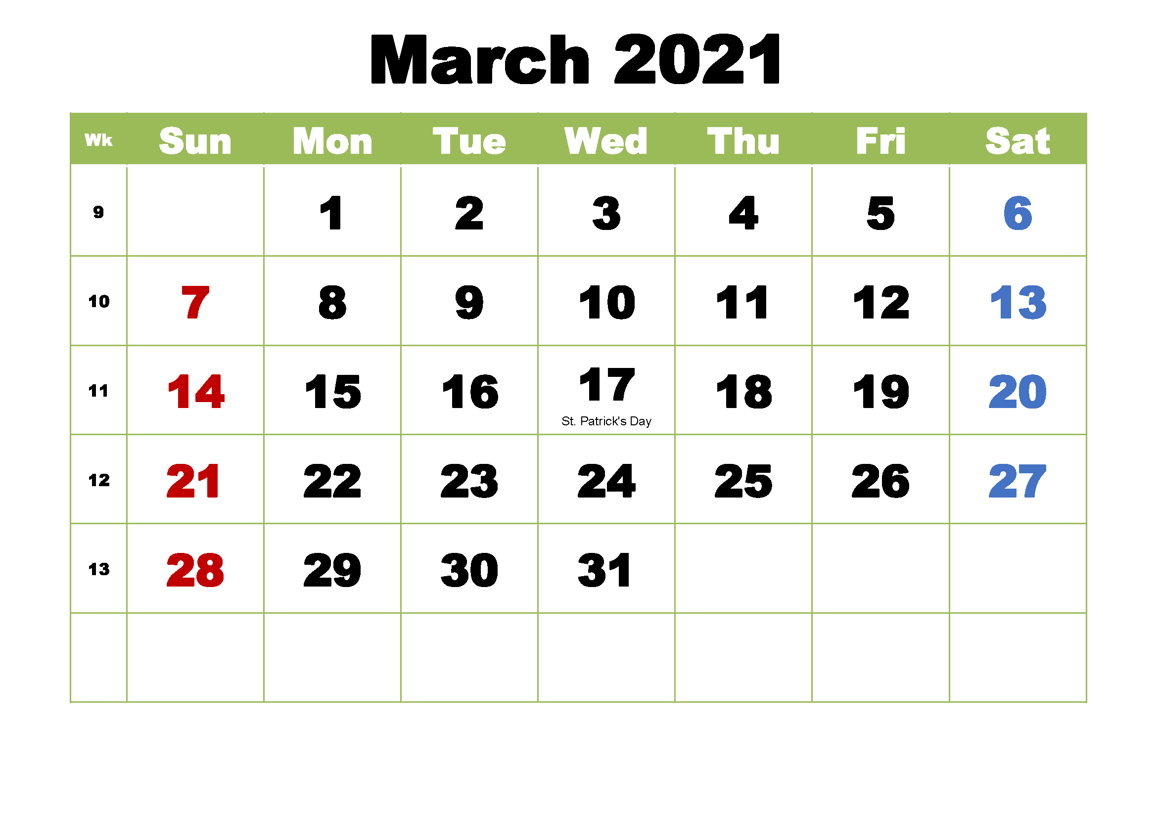 Elegant March Calendar 2021