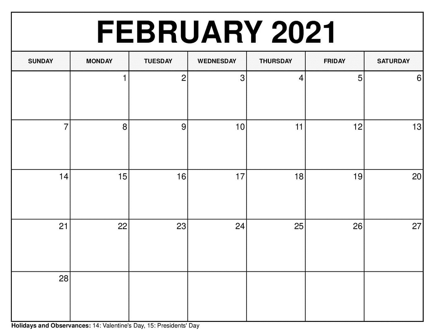 Free Printable February 2021 Calendar