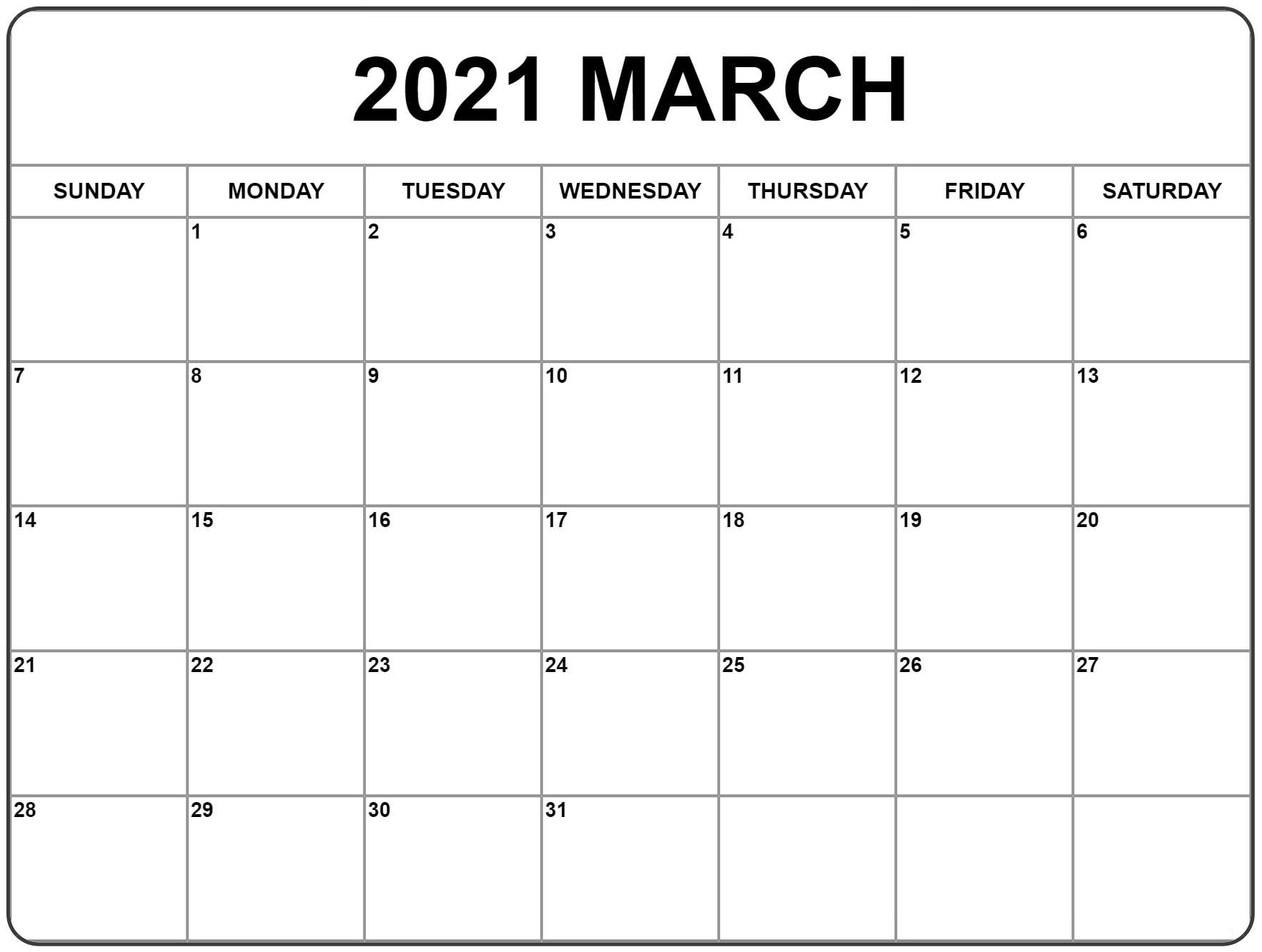 March 2021 Calendar Cute PDF Template - Free Printable ...