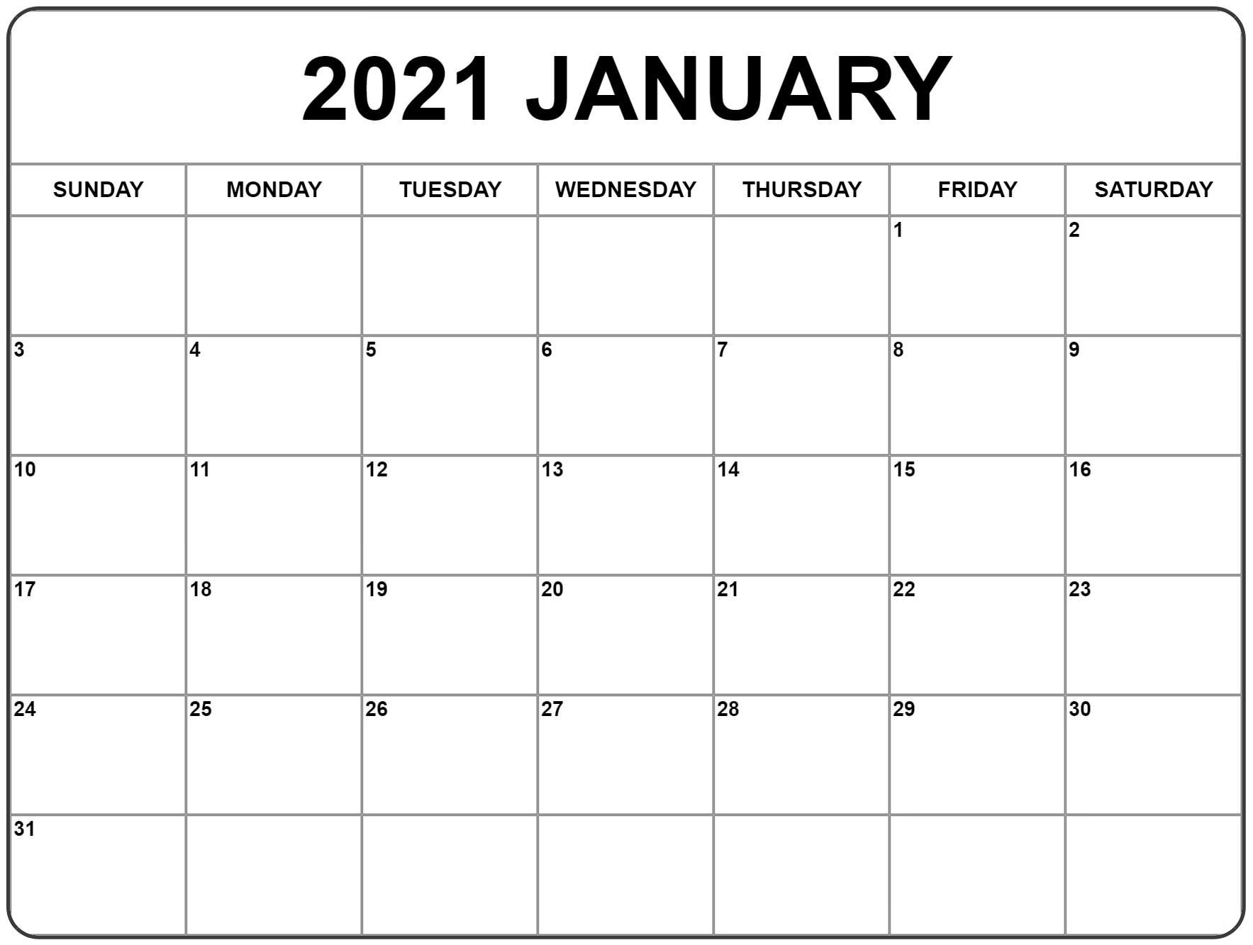 January 2021 Calendar Image