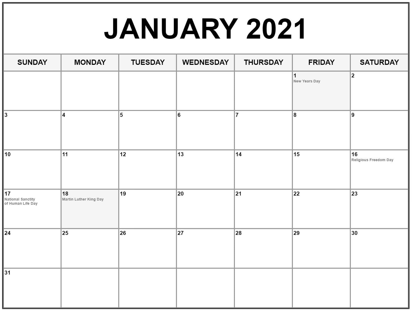 January 2021 Calendar Printable