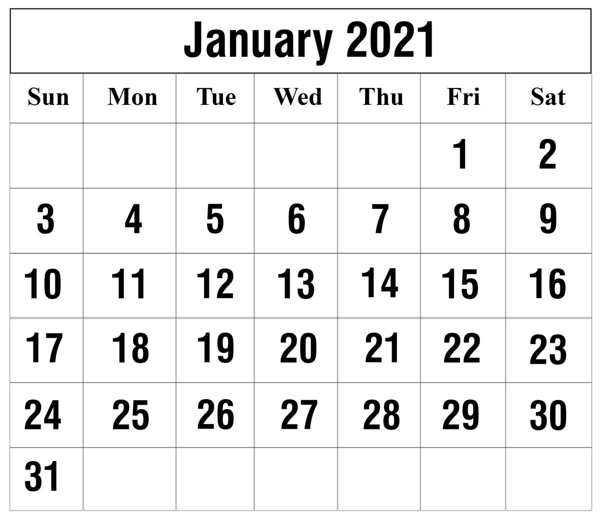 January 2021 Printable Calendar