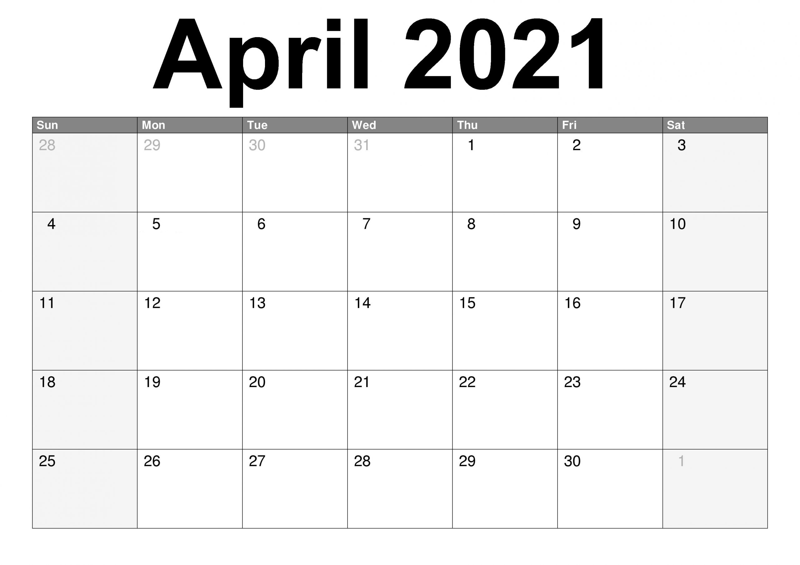 Printable Blank April 2021 Calendar