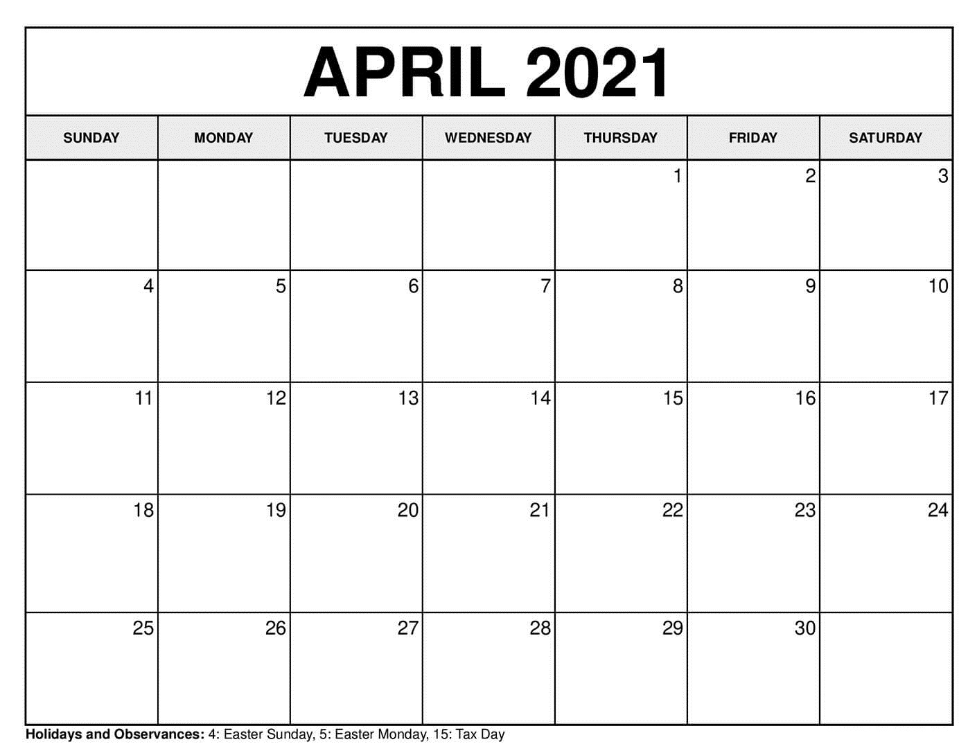 Simple Blank April 2021 Calendar