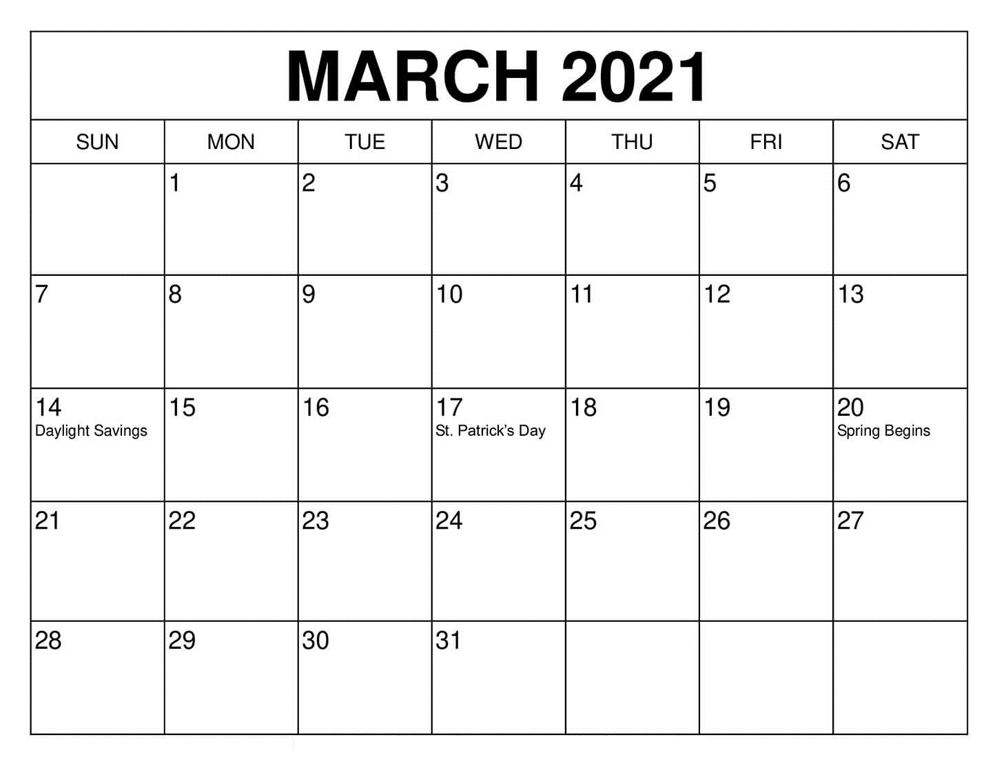 White Background March Calendar 2021