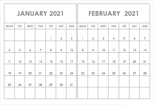 Blank February 2021 Calendar Word