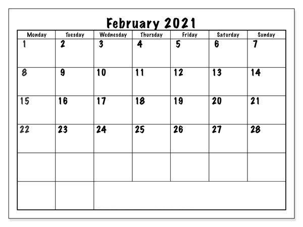 Blank February 2021 Monthly Calendar