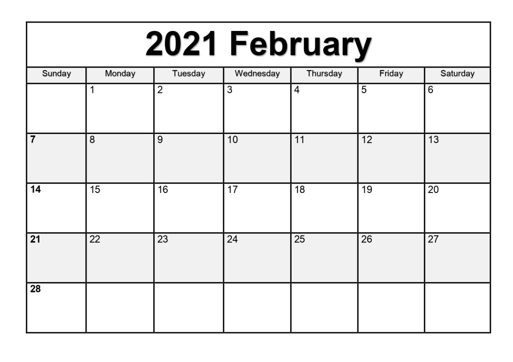 Blank February 2021 Weekly Calendar