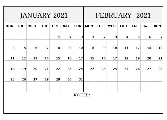 February 2021 Calendar Blank Page