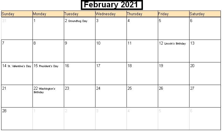 February 2021 Calendar Blank Streamlined Design