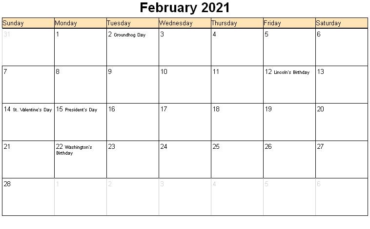 February 2021 Calendar Printable Free