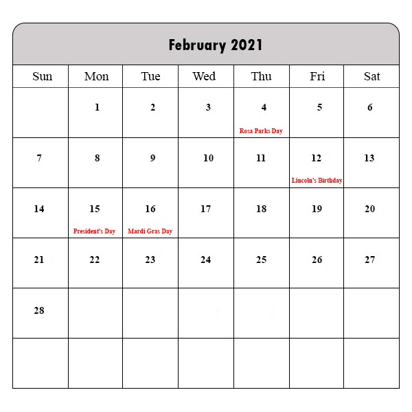 February 2021 Calendar Printable Vertical