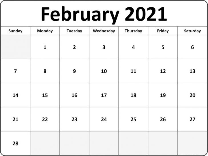 February 2021 Monthly Calendar Blank