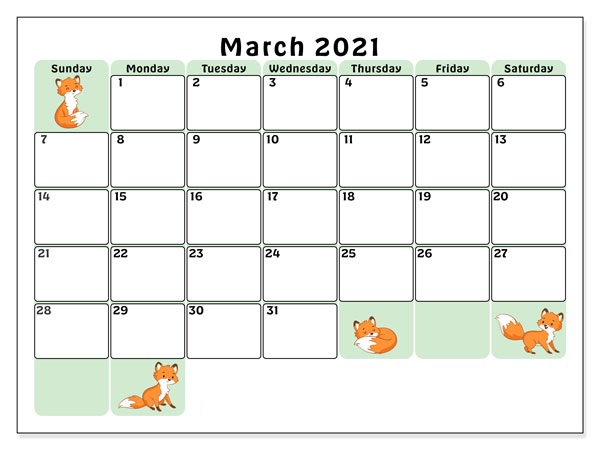 March 2021 Calendar Blank Cute