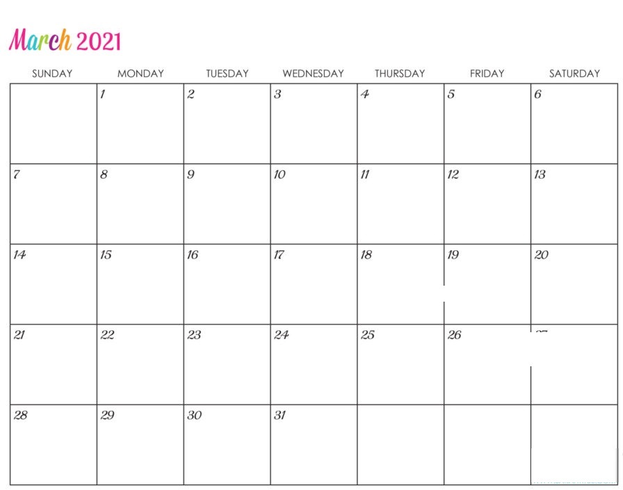 March 2021 Calendar Blank Google Docs