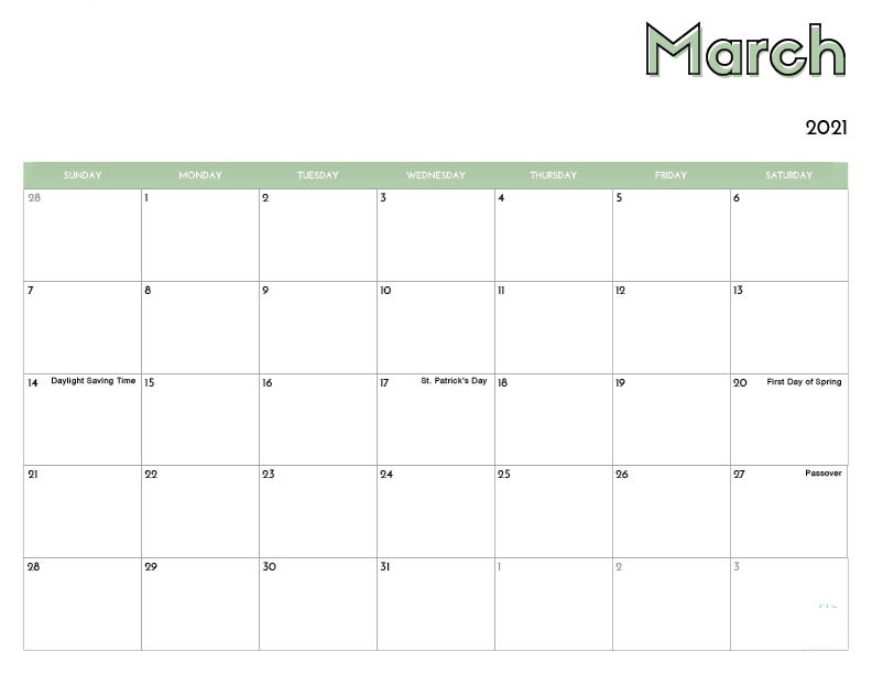 March 2021 Calendar Blank With Holidays